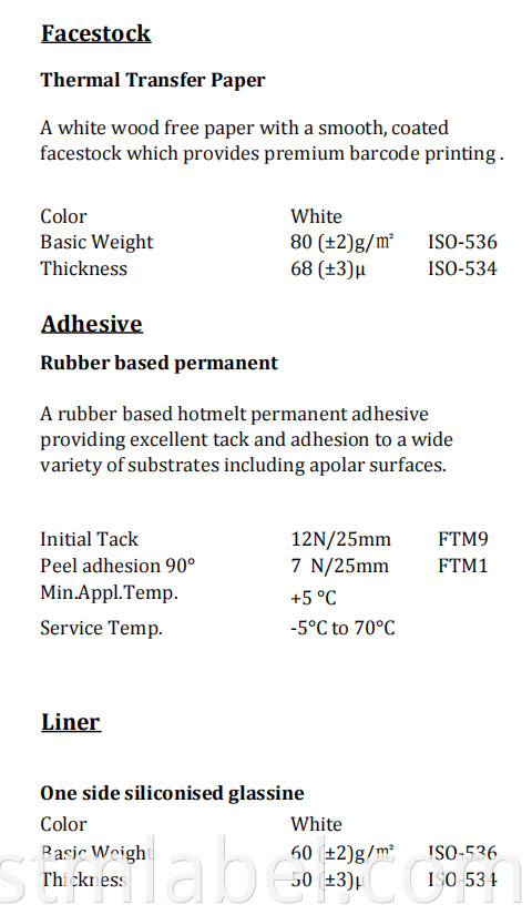 Thermal Transfer Rubber Based Permanent White Glassine